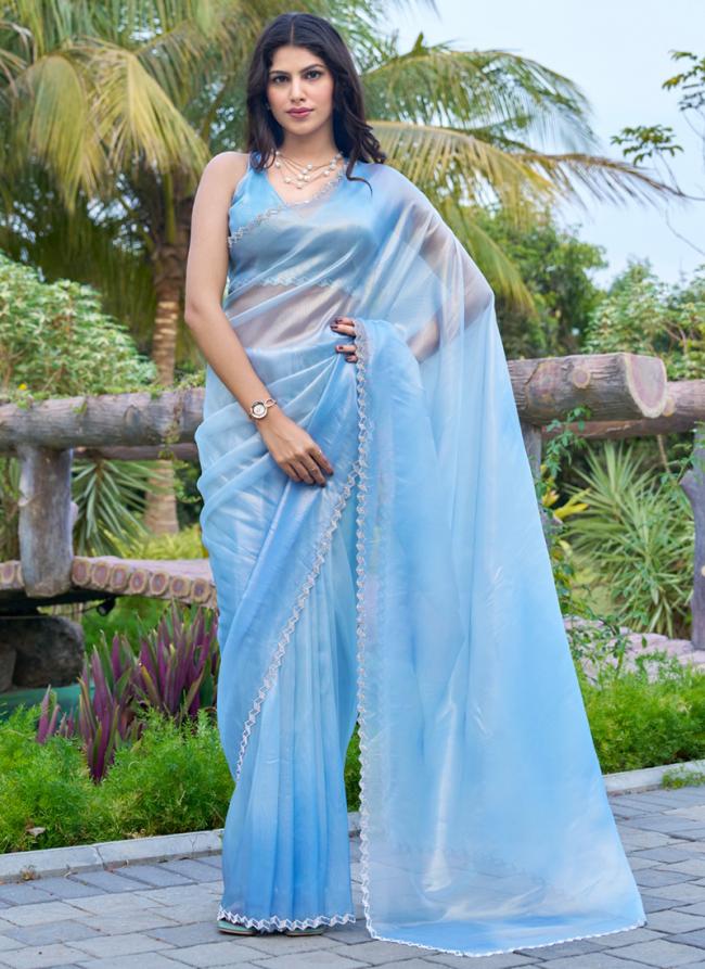 Organza Sky Blue Party Wear Hand Work Saree